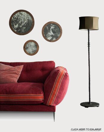 Modular Sofa corner unit with walnut mirrors and bronze lampstand